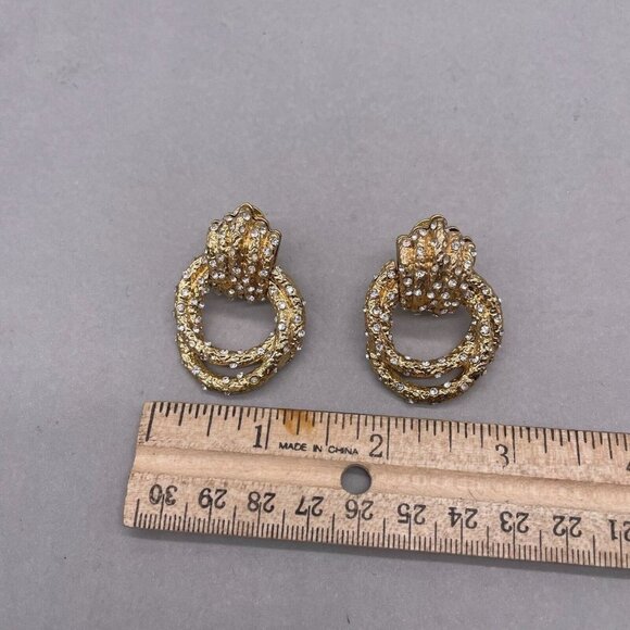 Geometric Twist Knot Design Rhinestone Crystal Embellished Earrings Gold Tone - Picture 3 of 6